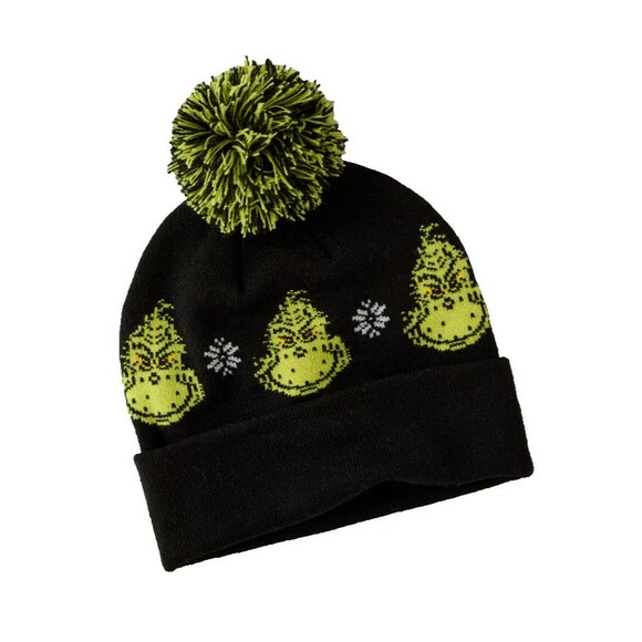 American Eagle Black Grinch Hat Beanie Cuff Pom Pom NWT - Picture 1 of 8